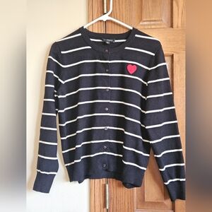 Striped Black & White Cardigan with Red Heart Patch